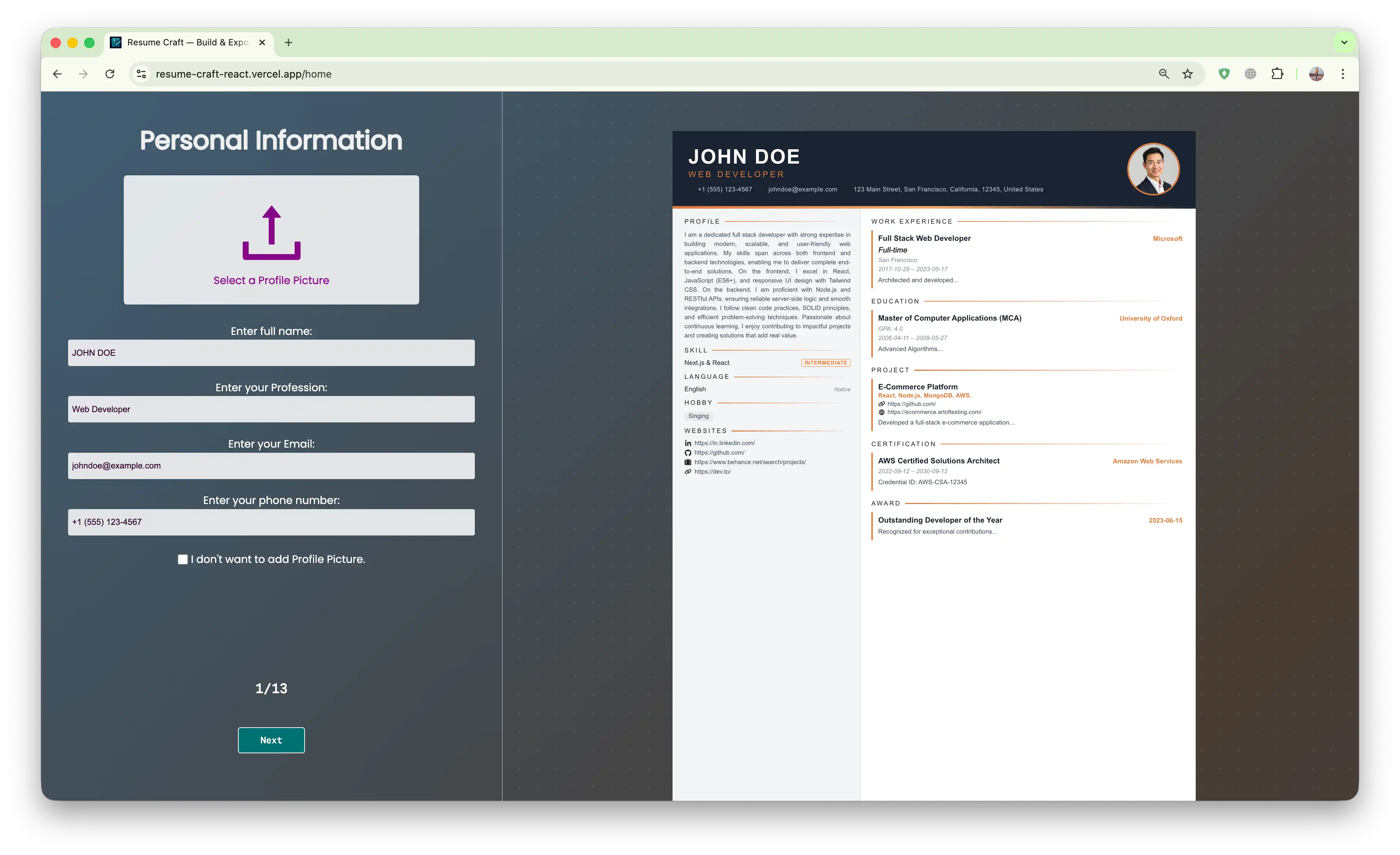 Screenshot of Resume Craft Desktop View