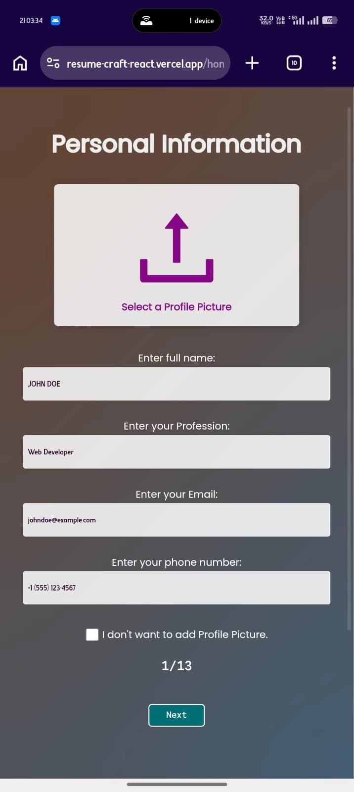 Screenshot of Resume Craft Mobile View
